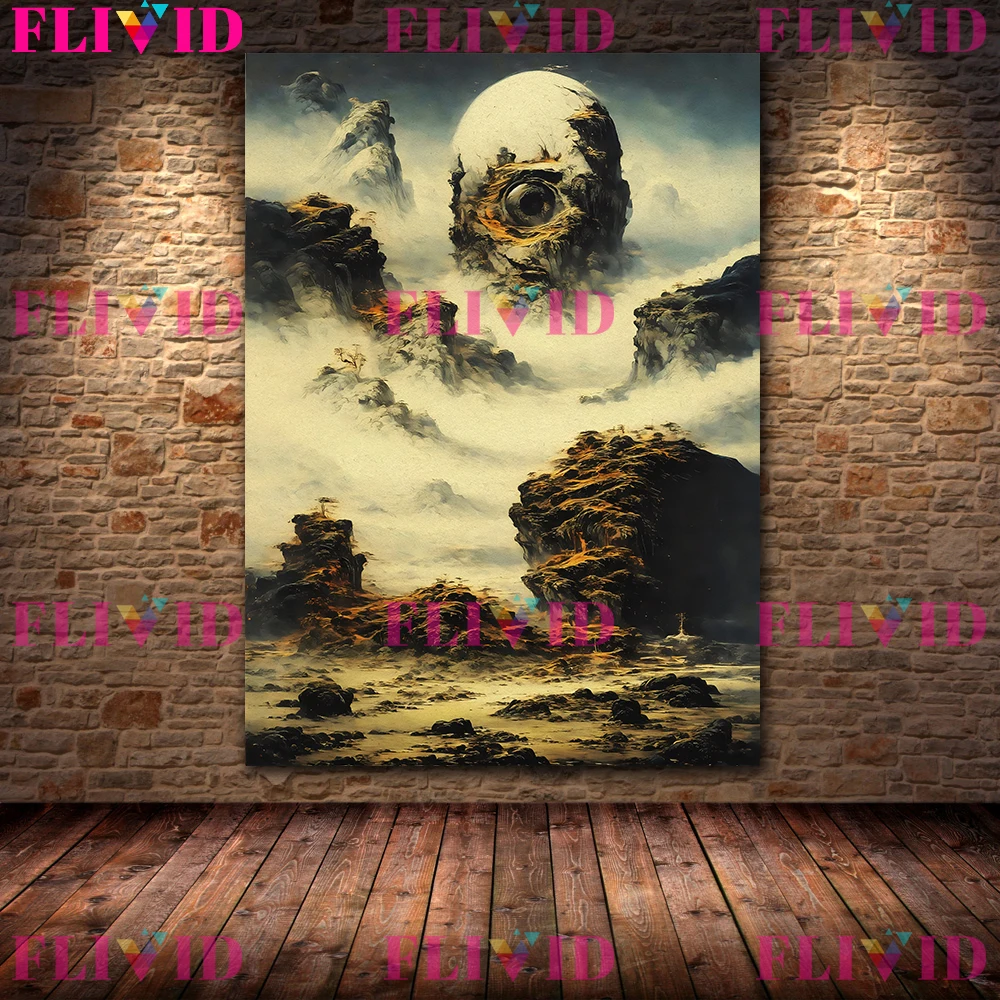 Chinese Grotesque Aesthetic Abstract Wall Art Canvas Painting,Giant Eyeball In The Misty Mountains Gothic Art Poster Print Decor