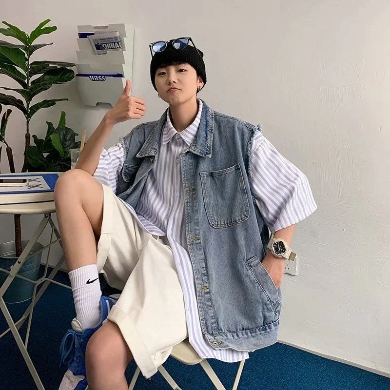 Unisexowa kamizelka jeansowa na lato 2025, must-have streetwear, postarzana kurtka bez rękawów dla chłopców i dziewcząt. ​