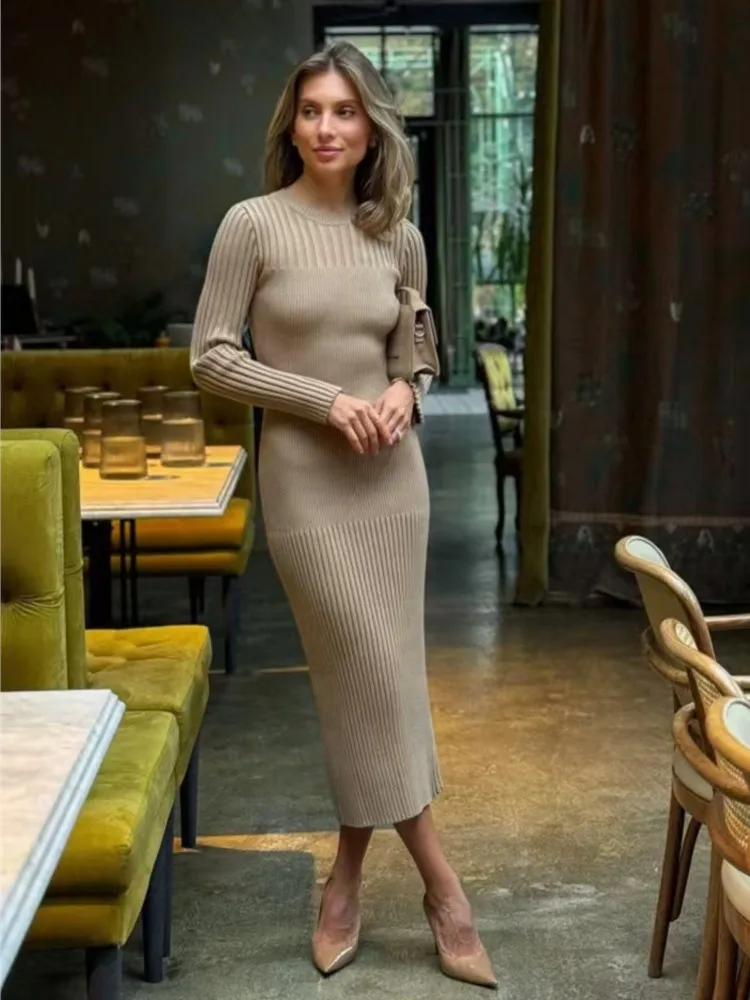 

Long Sleeve Tight Knitting Women Dress Solid Color Casual Ankle Length Dress Winter Autumn Slim Fashion Female Dresses 2025