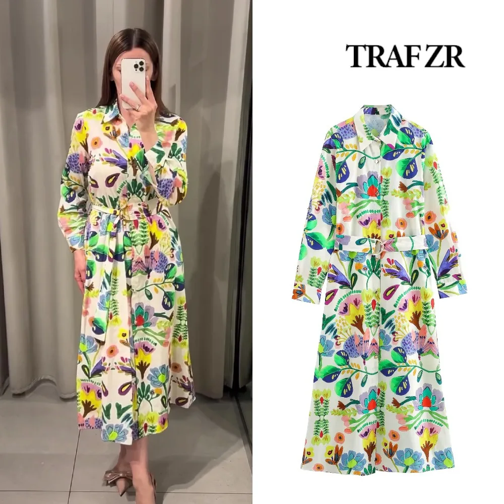 TRAF ZR Midi Dresses Fashion Summer Dresses 2024 Fabulous Casual Shirt Dress for Women High Street Printed Dress with Self Belt