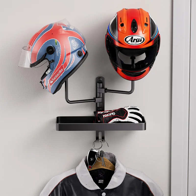 Aluminium Helmet Holder with Shelf Hooks Dual Ball Wall Mounted Storage Rack Motorcycle Gloves Backpacks Cycling Clothes