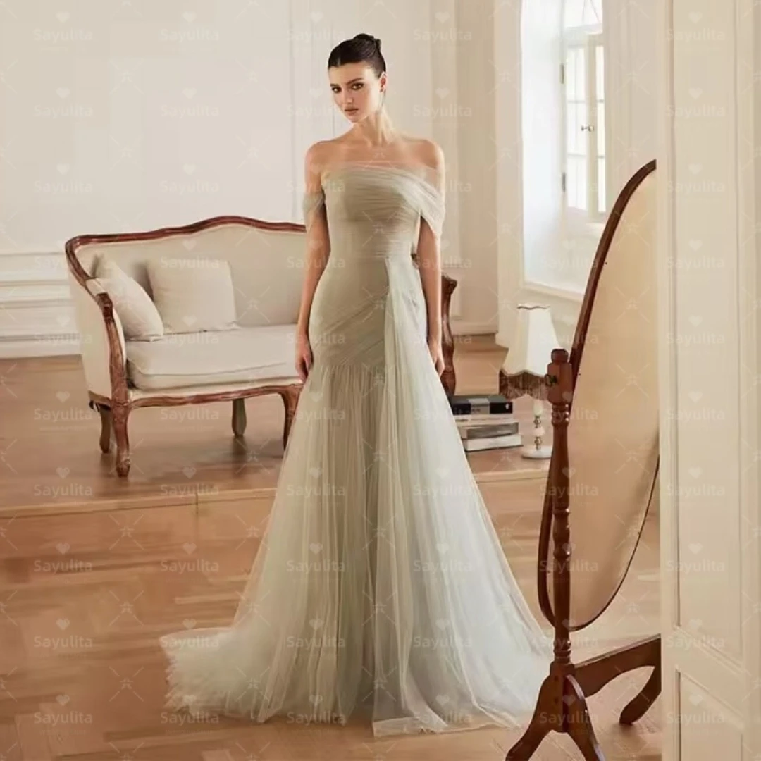 

Sayulita Soft Tulle Long Prom Dresses Off Shoulder Vestidos De Fiesta Zipper Back Special Evening Party Gowns Customized