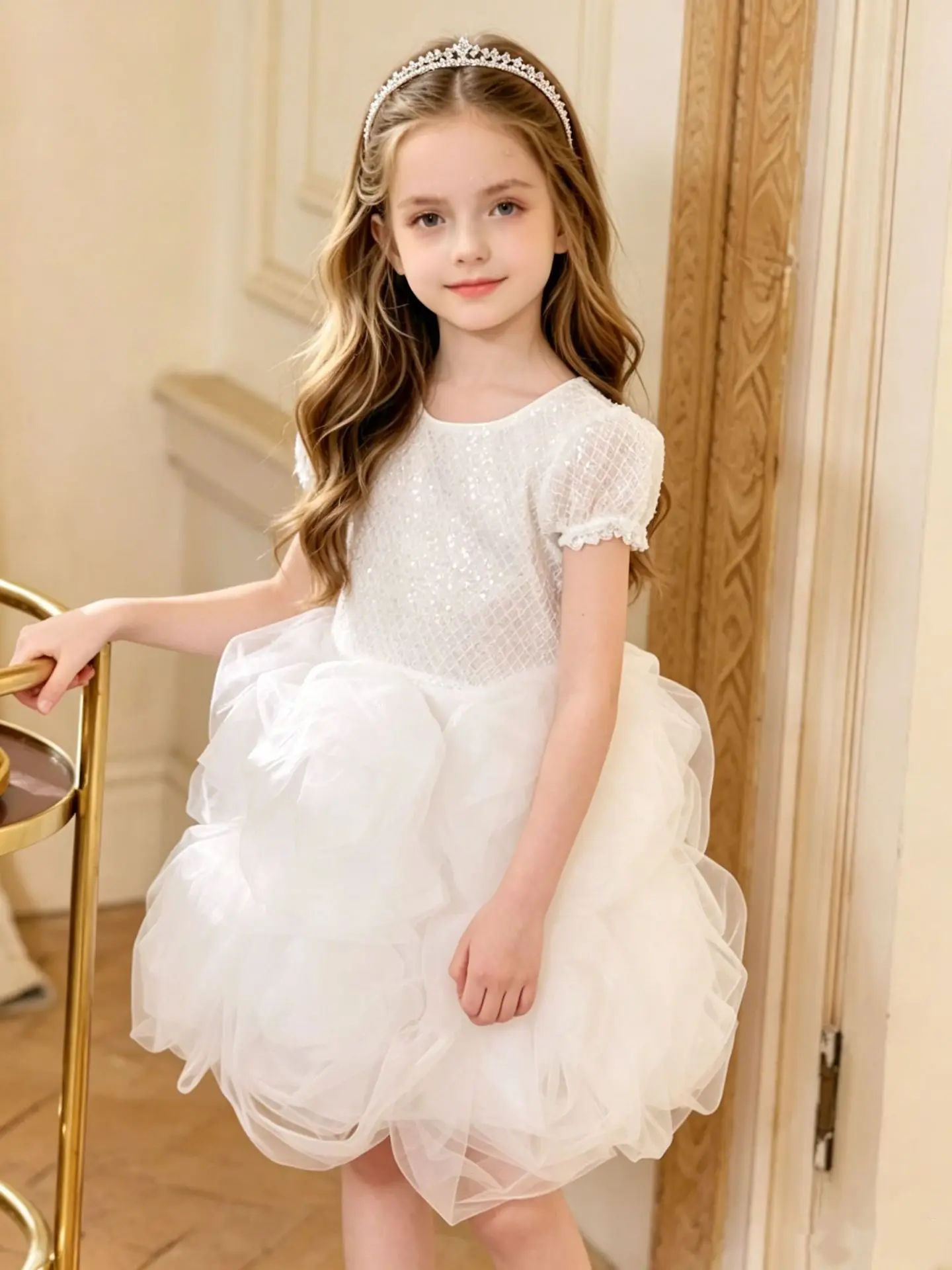 Custom Short Puff Sleeve Sequin 3D Flower Tulle Luxury Dress Women Wedding Guest Gown Kids Birthday Party Outfit for Pageant