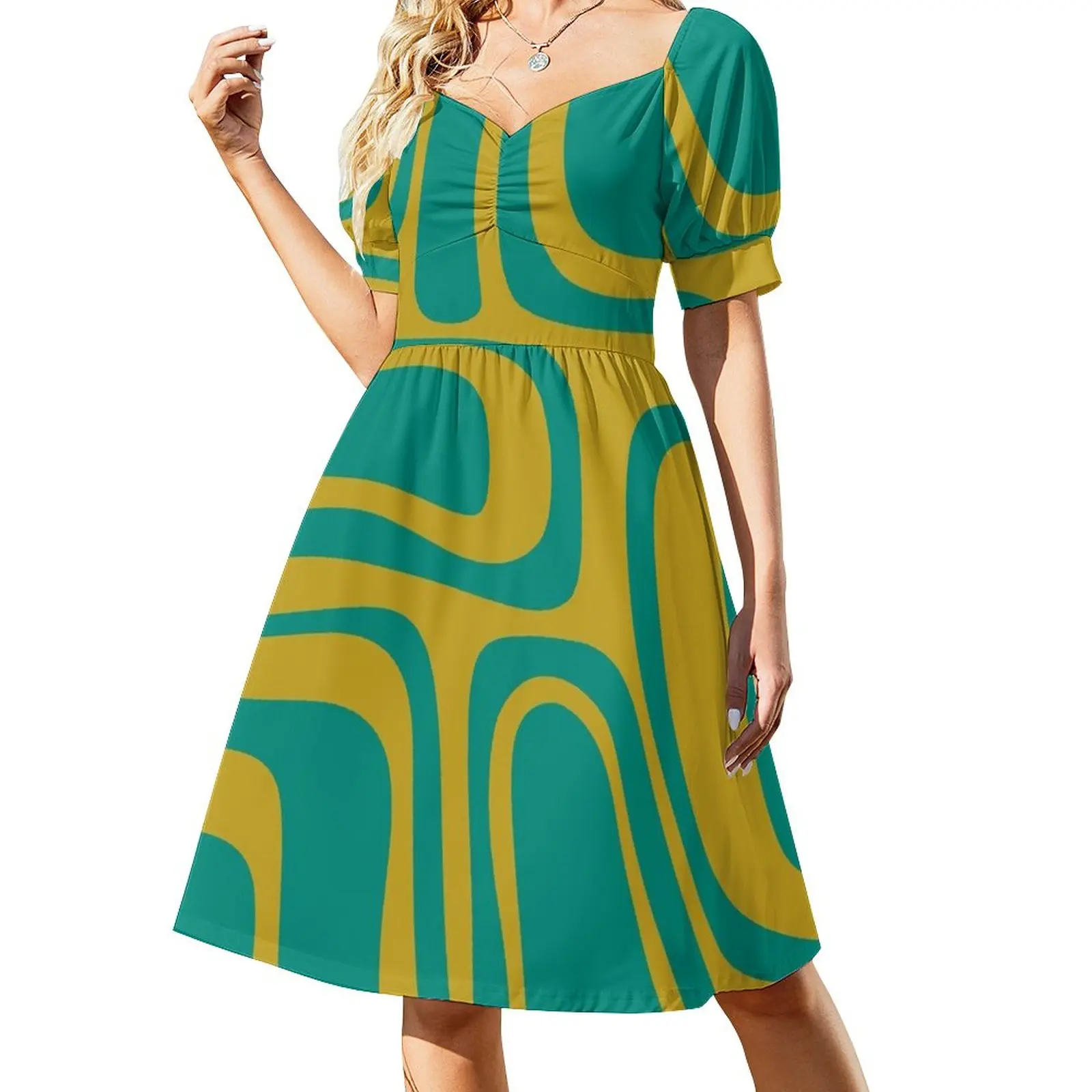 

Palm Springs Retro Midcentury Modern Abstract Pattern in Mid Mod Turquoise Teal and Mustard Sleeveless Dress