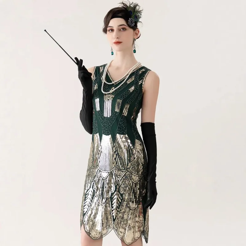 

Лидер продаж, сексуальное платье с блестками, винтажное летнее платье 1920-х годов с v-образным вырезом и бисером, коктейльное вечернее платье, костюм для рождественского банкета, бара