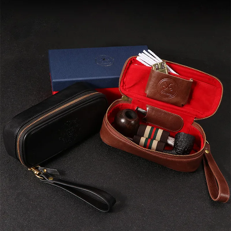 

Genuine Leather Multi-function Pipe Bag Easy Preserve and Carry Retro Leather Small Zipper Case