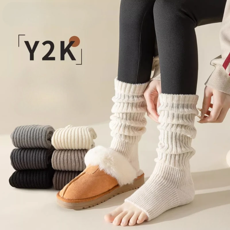 Lolita Y2k Calf Socks White Long Sock Thick Versatile Pile-up Sock Women Autumn/Winter Ankle Warm Knitted Foot Covers Boot Socks