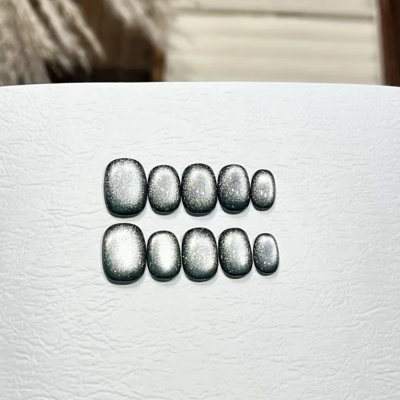 

10PCS Shiny Blue Cat Eye Short Square Round Handmade False Nails Simple Sweet Pure Color Press on Nails Wearable Manicure Nails