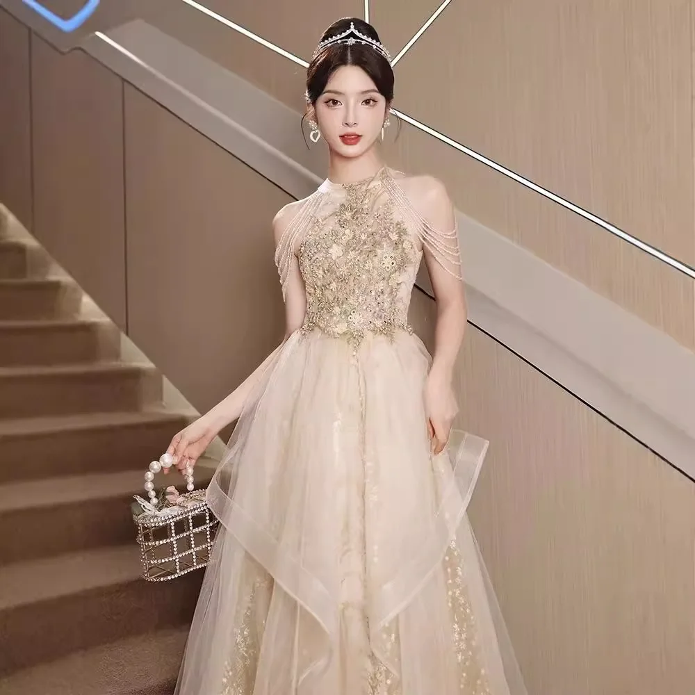 Champagne Evening Dress Women's High Sense Banquet Temperament French Host Adult Ceremony High-End Affordable Luxury Niche