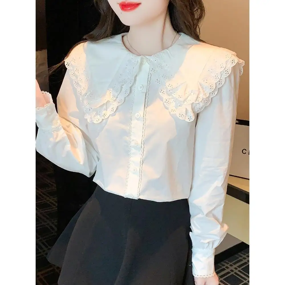 Doll collar lace shirt women\'s new design white shirt stylish small shirt French top