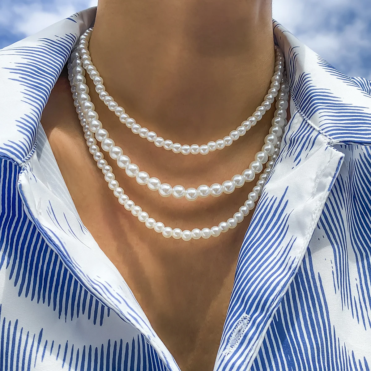 HNSP Imitation Pearl Necklace For Man Choker Neck Bead Jewelry