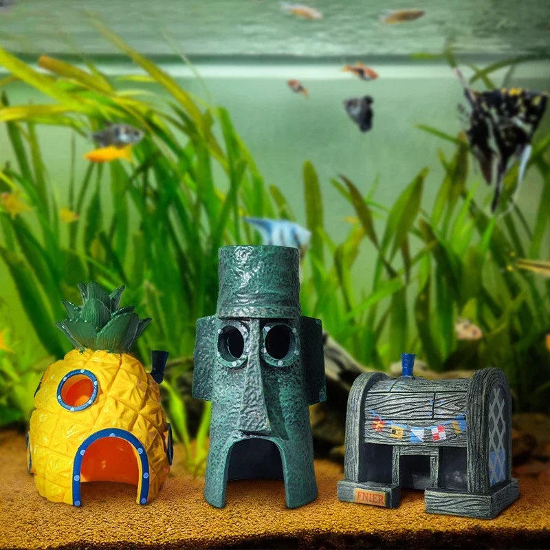 1 Pc Fish Tank Aquarium Landscape Decoration Escape House Decoration Cartoon Fish and Shrimp Pineapple House PVC Aquarium Fish