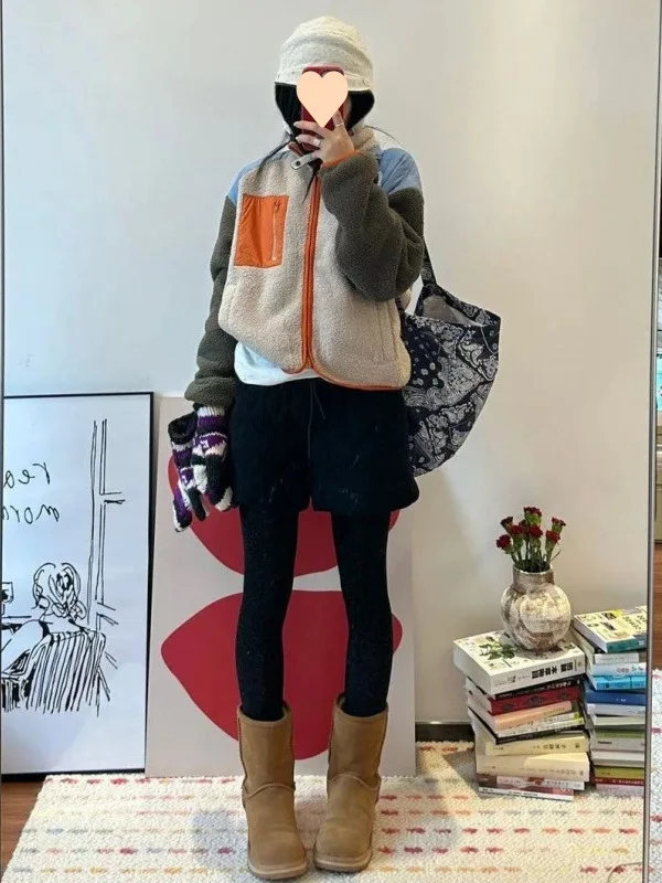 Primavera naranja d Color Blo versátil Casual con capucha cordero terciopelo Fce forrado japonés Sle mujer ort abrigo Jaet