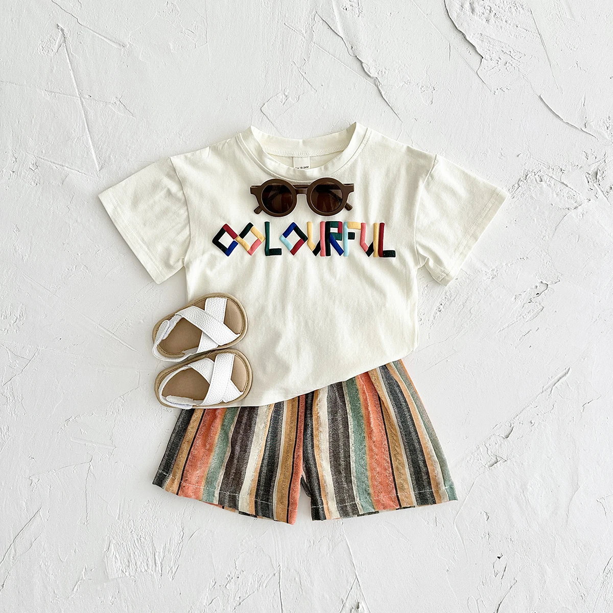 2024 Summer Newborn Boys Infants Clothing Set Short sleeved T-shirt+Shorts Girl Vacation Colorful Stripe Letter 2PCS