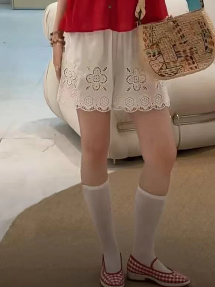 Elegant High Waist Cotton Linen Short Pants Embroidered Floral Window Frame Hollow out Design Ladies Straight Leg Trousers