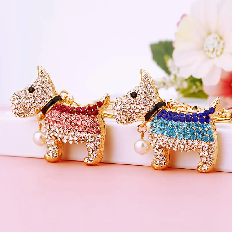 New Cute Rhinestone Crystal Dog Dachshund Keychain Bag Charm Pendant Keys Chain Holder Key Ring