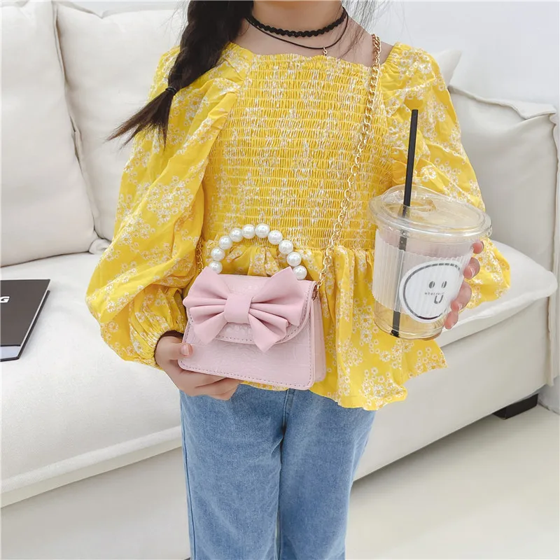 Cute Bowknot Children\'s Coin Purse Fashion Pearl Handle Princess Handbags Pu Leather Girls Shoulder Bags Chain Crossbody Bags