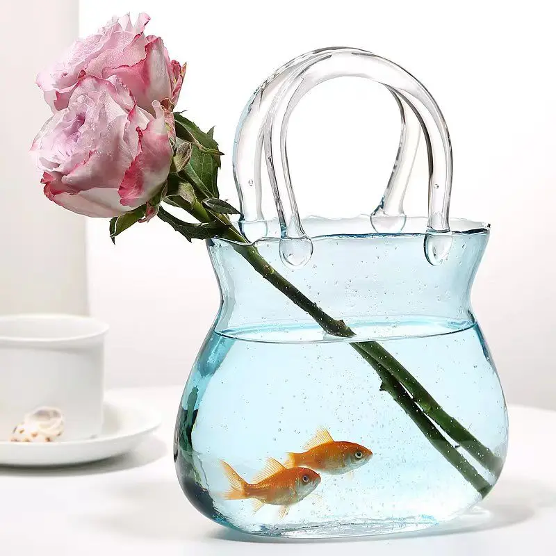 Handbag Shape Flower Vase Fish Tank Transparent Glass Hydroponic Plant Container for Home Office Decor Small Goldfish Container