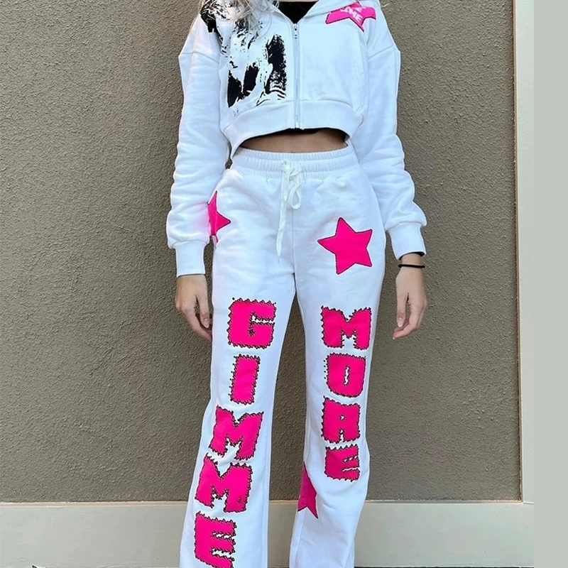 High Street Casual Sports Jacket Women Y2K Star Patchwork Aesthetic Varsity Jacket + Straight Pants White Letter Fashion Suit