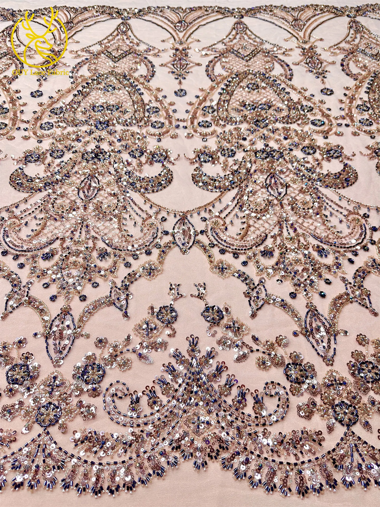 Pfirsichfarbener, hochwertiger, eleganter afrikanischer Brautkleidstoff mit Stickerei und Perlen, 2026 Nigerianische Pailletten-Spitze für Abendkleider und Hochzeitskleider zum Nähen – Detail 6