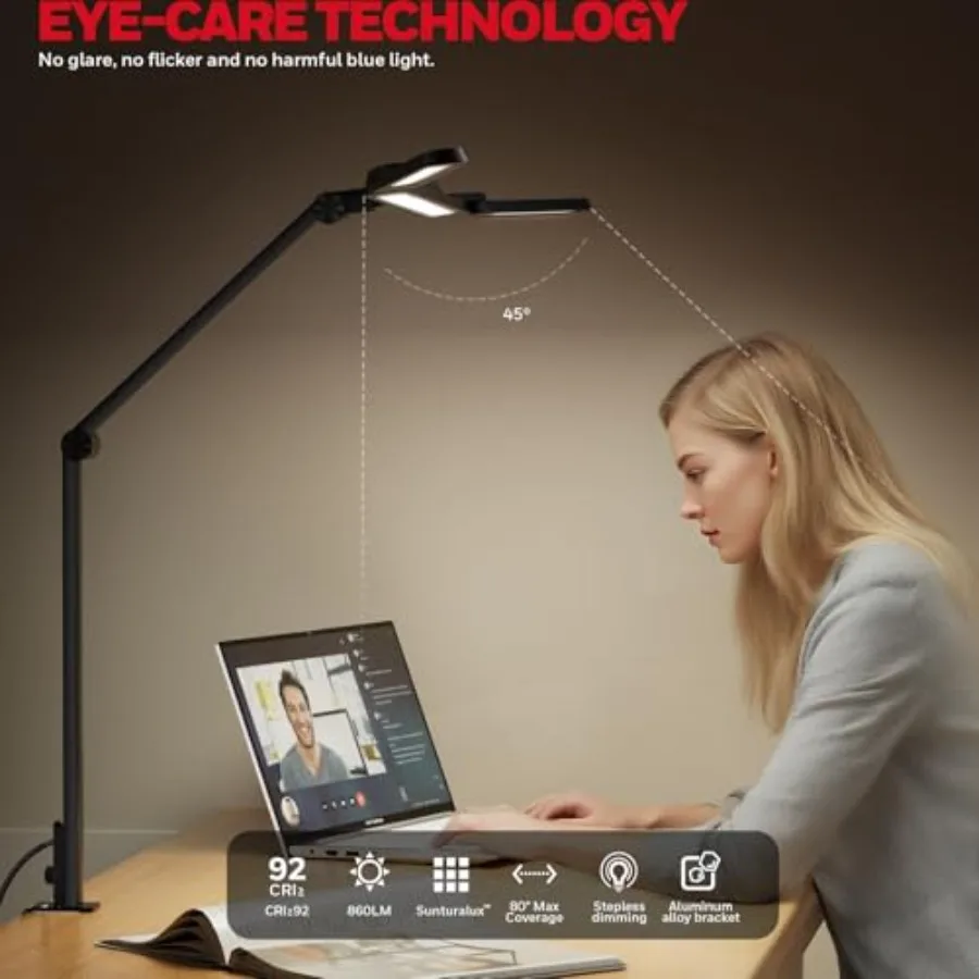 Wide Desk Lamp with Clamp for Dual Monitors, 22W Full-Spectrum Eye-Caring LED Desk Lamp for Home Office, 3-Section Adjustable A