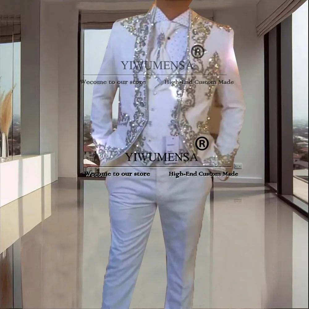 

Glitter Crystals Beaded Men's Suit Slim Fit Single Breasted Blazer Customized 3-Piece Formal Occasion Man Banquet Groom Tuxedo
