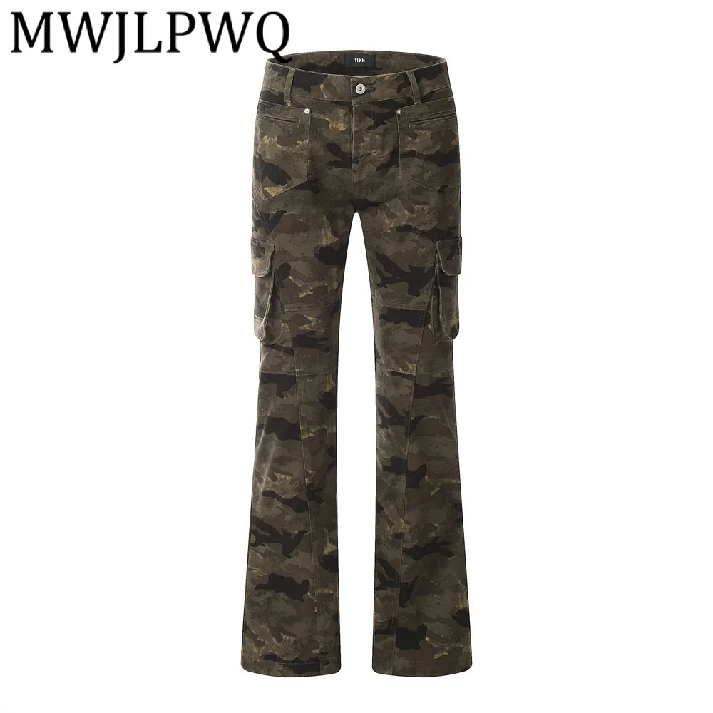 

MWJLPWQ Camouflage Multi-Pocket Cargo Men's Vibe Flared Floor-Length Trousers American Trendy Slimming Casual Pants Autumn 21935