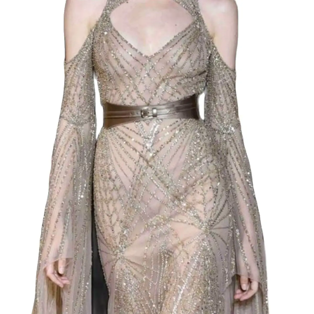 Custom Evening Dresses Star Stage Round Neck Strapless Long Sleeve Crystal Sequins Chain Lace Champagne Elegant 2023 Latest