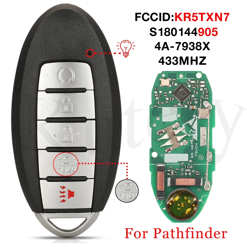 

jingyuqin 5 Buttons KR5TXN7 433MHZ 4A PCF7938X S180144905 Smart Keyless Remote Control Car Key Fob For NISSAN Pathfinder 2019+