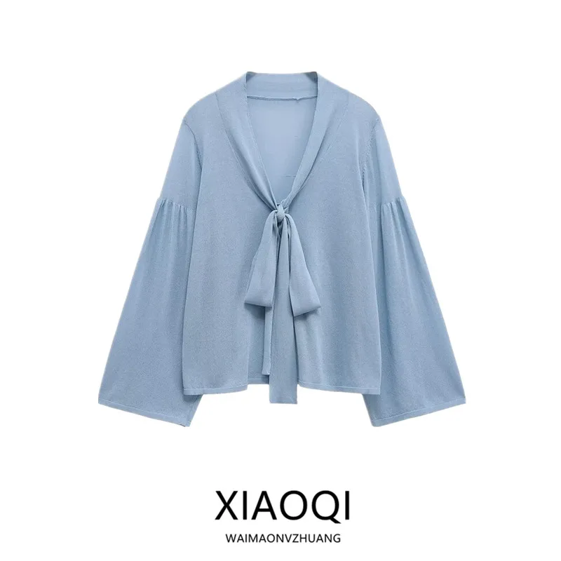 

Летняя женская вязаная полупрозрачная блузка с длинным рукавом и декоративным узлом, свободного кроя, универсальная, стандартной длины, коллекция 2025 года