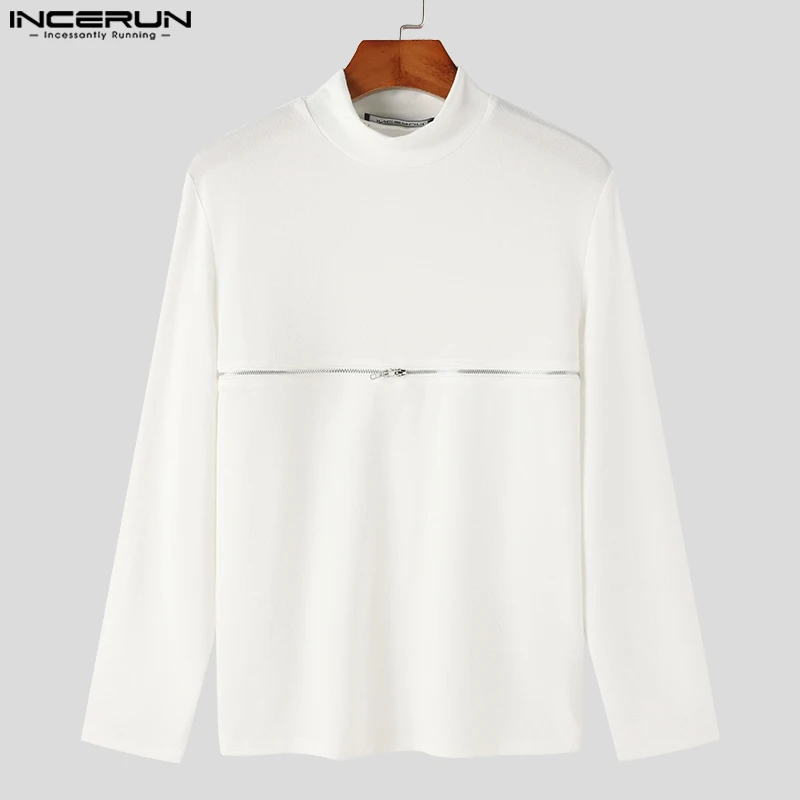 INCERUN Men T Shirts Solid Color Turtleneck Long Sleeve Fitness Streetwear Camisetas 2023 Hollow Out Zipper Casual Men Clothing