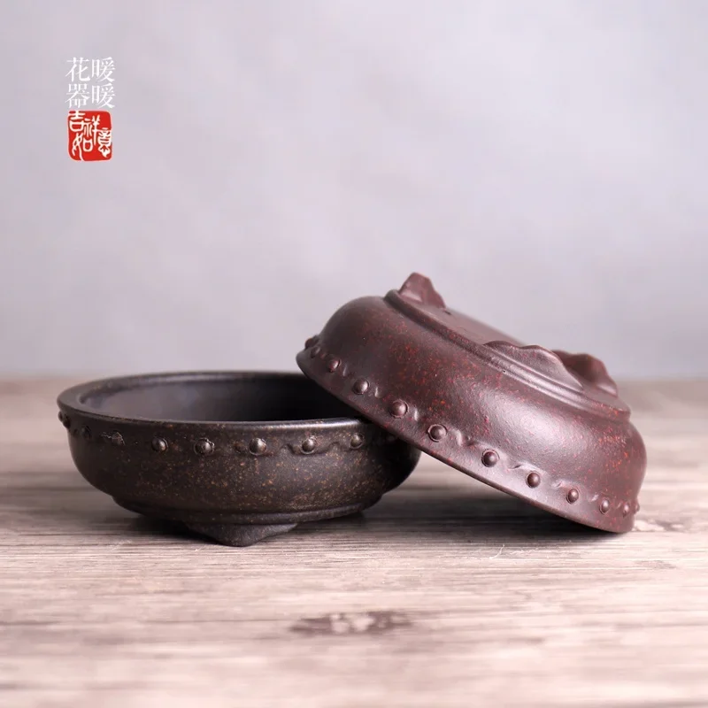 yesCeramic Circle Bonsai Pot, Drum-nail Pattern, Chinese Traditional, Dormitory, Garden, Home Table Decoration