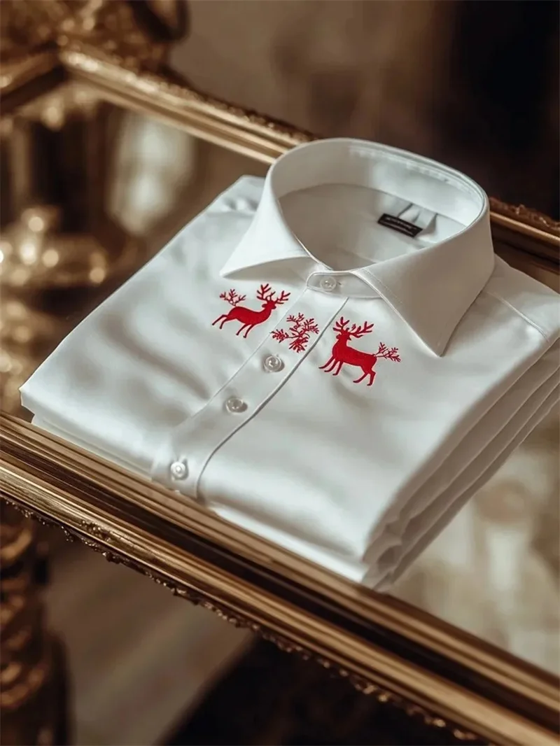 New men's long sleeved shirt with black background, red gold Christmas tree lantern, snowflake print collar top