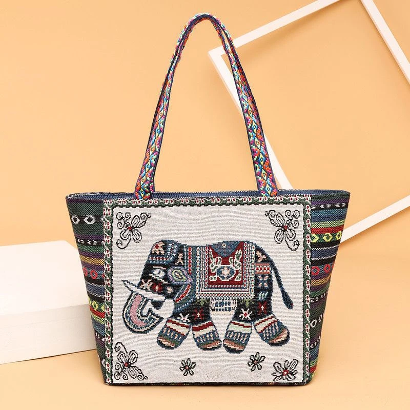 National Style Canvas Shopping Bags Thailand Bangkok Elephant Fashion Printing Tote Shoulder Bag Beautifully Sandy Handbags