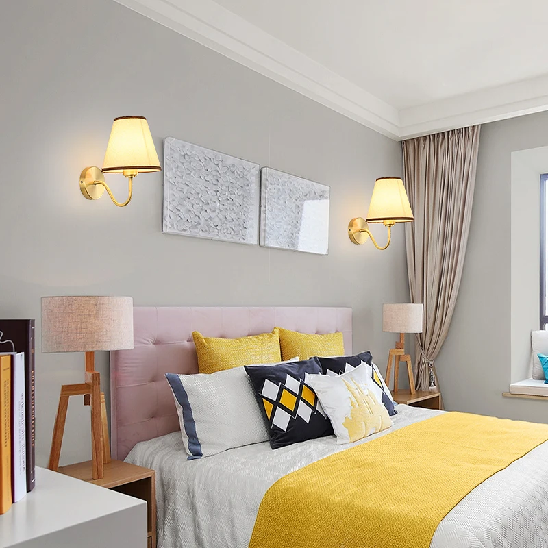 High Quality Interior Decoration Cloth Lampshade Modern Nordic Hotel Bedside Full Copper Led Wall Lamp