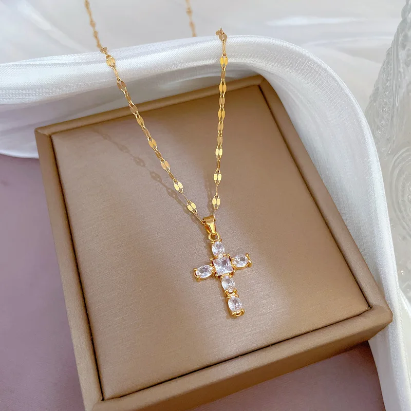 Luxury Shiny Pink Black Clear Zircon Cross Pendant Necklaces for Women Girls Trendy Stainless Steel Chain Choker Jewelry Gifts