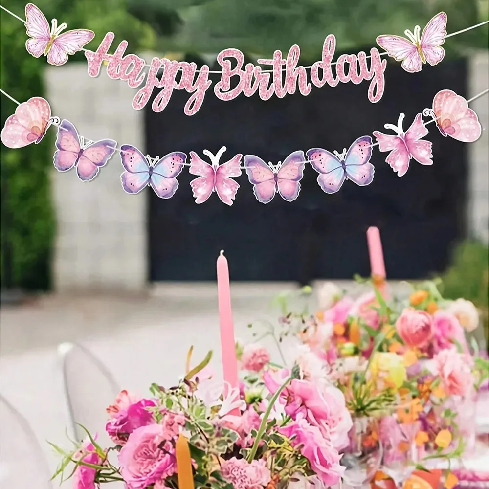 Pastellrosa Lila Schmetterling Geburtstags-Wimpelkette, Glitzer-Buchstaben Happy Birthday Girlande für Mädchen-Geburtstagsfeier Innendekoration – Detail 6