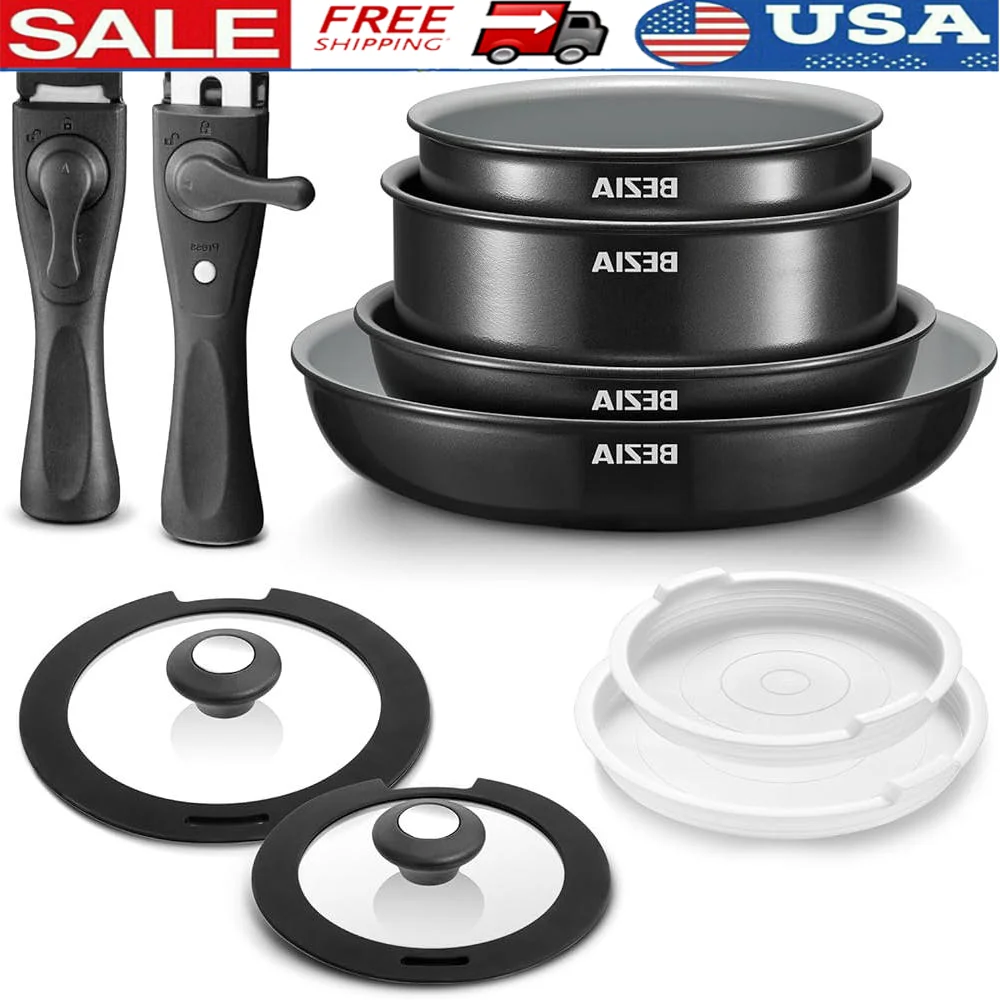 

Induction Cookware Set Nonstick Healthy Ceramic Coating Stackable Pots and Pans with Detachable Handles Kitchen Cooking
