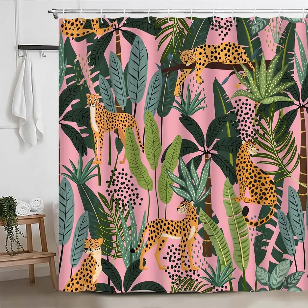 

Леопардовая занавеска для душа розовая дикая природа животное леопард азиатский гепард тигр тропический пальмовый лист джунгли тропический лес растение современный бохо P