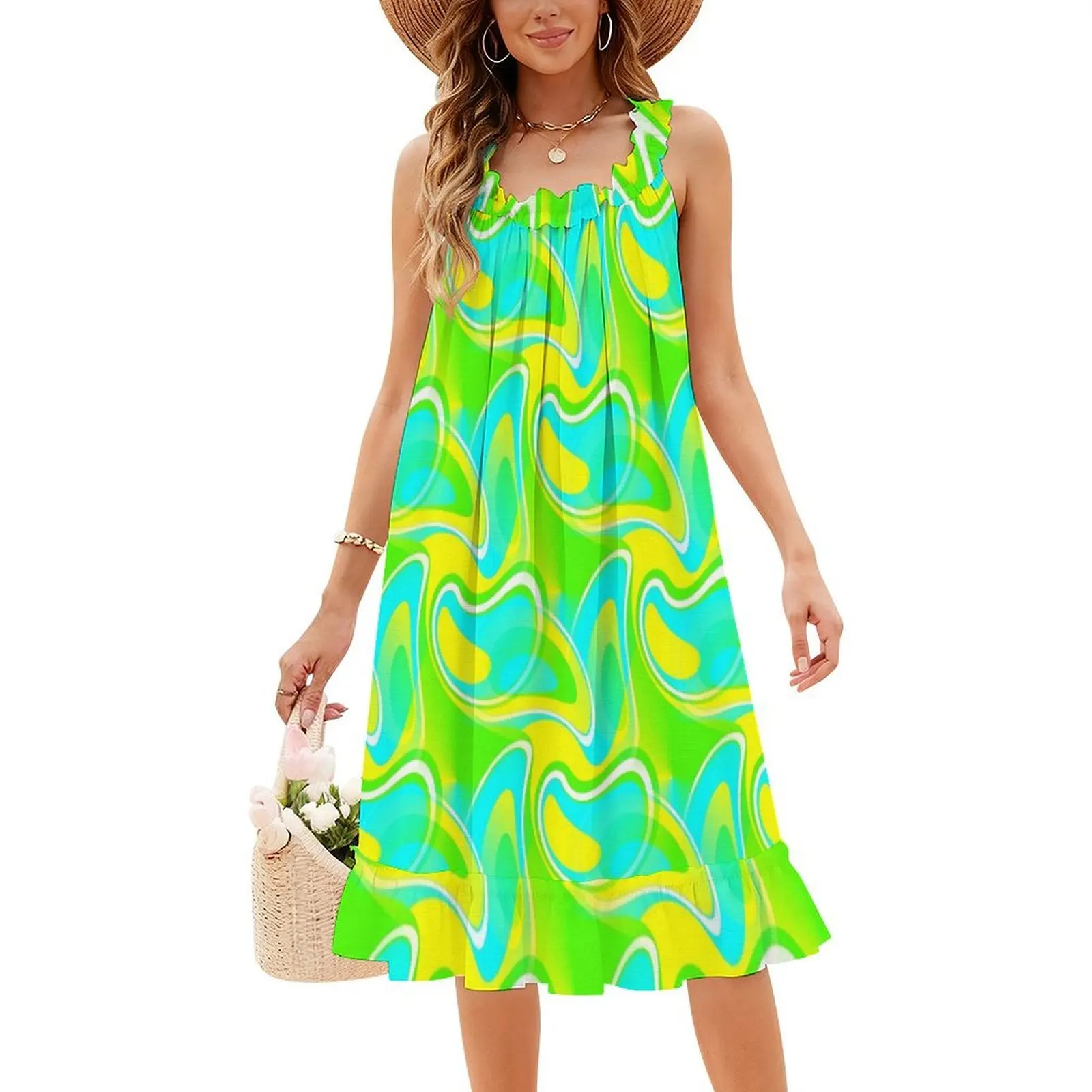شعور رائع-60'S Mod Paisley مجردة باللون الأخضر والأزرق فستان عطلة مثير للنساء فستان قصير لحفلات الشاطئ وأعياد الميلاد Mellowcat #4