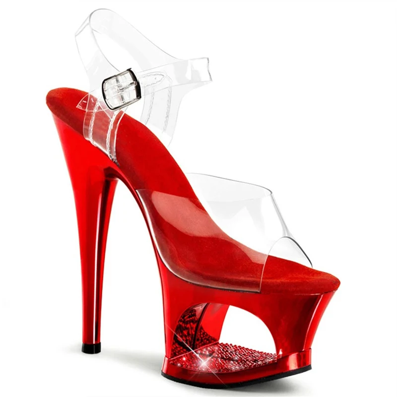 Pink Hollow Out Platform Stilettos Clear Pvc Strap Ankle Buckle Sandals Sexy Rhinestone Open Toe High Heels Party Shoes view 2