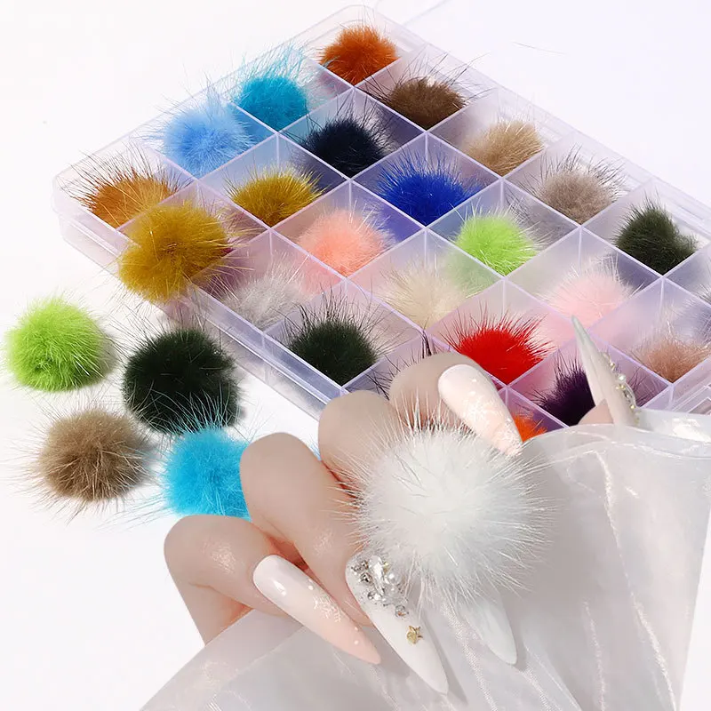 24 Pcs/Box Detachable Magnet Ball Removable Fluffy 3D Puffy Pom Pons Kit Jewelry Manicure Decoration Accessories DIY Nail Charms