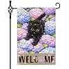Spring Summer Garden Flag with Black Cat and Hydrangea Flowers – Double-Sided 12x18 Inch Floral Paw Print Linen Flag for Sea cci