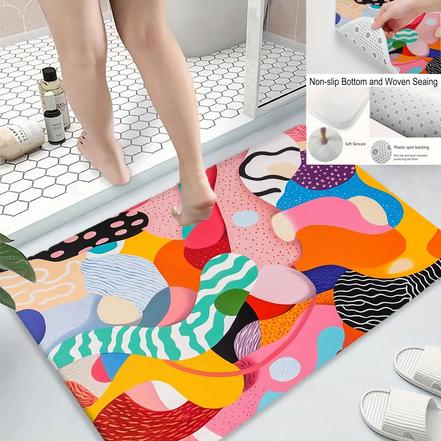 سجادة باب الحمام بطباعة خط ملون تجريدي، سجادة ناعمة من كومة لغرفة المعيشة، غرفة النوم، المطبخ، المكتب، ديكور الدش، المنزل الموسمي #1