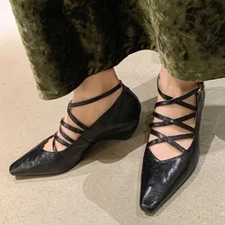 2024 Spring Women Pumps Pointed Toe Chunky Heel Sheepskin Leather Shoes for Women Elegant Retro Heels Buckle Mary Janes