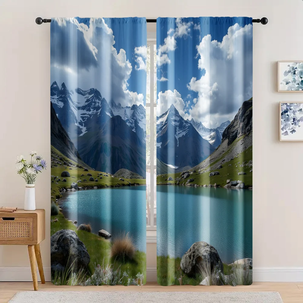 2pc,  Drapes Rugged rocky hills, snowy mountains and golden brown meadows Versatile Fabric,Without Electricity Festive Wall