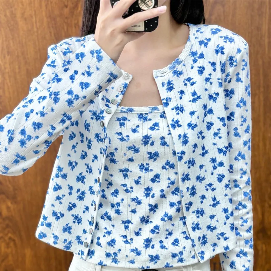 Blue Floral Print Sweater Women's Sleeveless Square Neck Slim Fit Vest Top or Round Neck Long Sleeved Single Breasted Cardigans