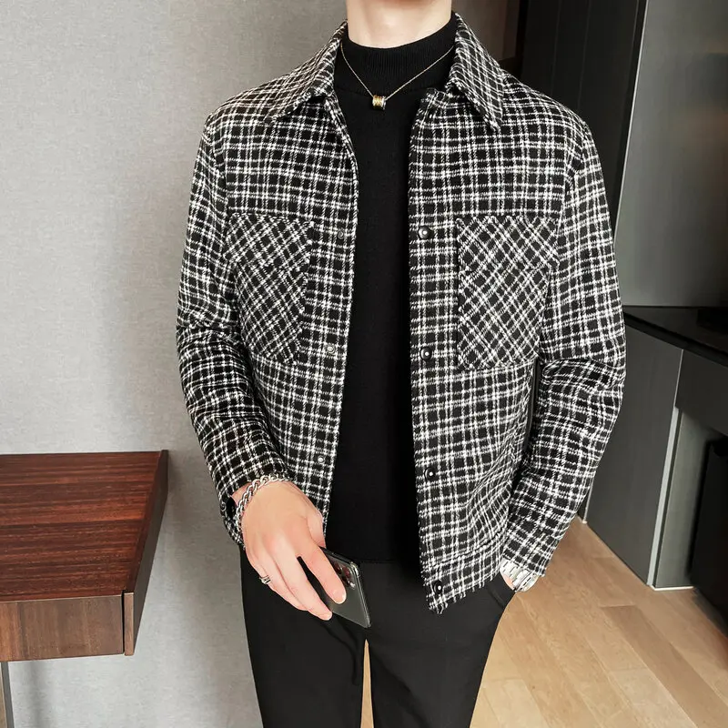 New Single-Breasted Trench Coat Veste Homme Fashion Retro Tartan Jacket Aautumn And Winter Men's Slim Short Woolen Coat S-3XL