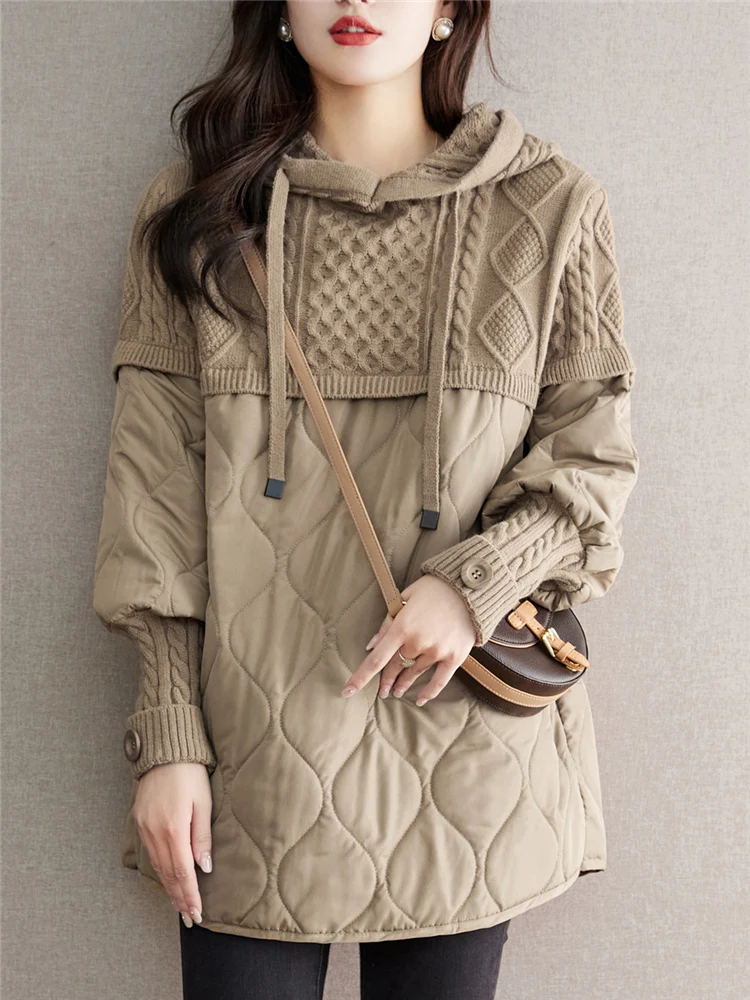 

Women's Knitted Hat Sweatirt Jaet Thiened Splicing Cotton Clothes Spring Autumn Winter Commute Pure Color Warmth Heating