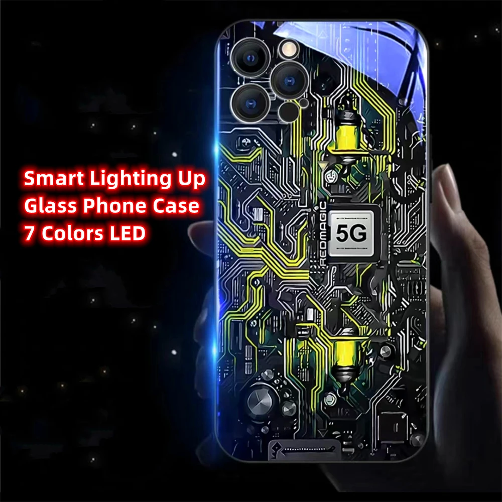 

5G Circuit Board LED Light Glow Luminous Tempered Glass Phone Case For iPhone 15 14 13 12 11 Pro Max XR XS Plus 7 8 SE2020